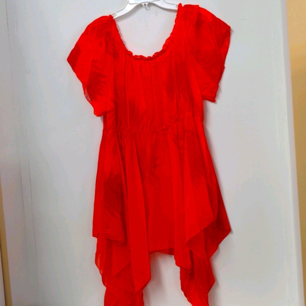 Bright Coral asymmetrical angel cover up 3x sheer